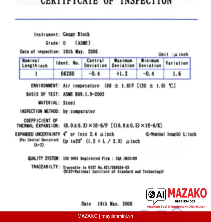 Bộ Căn Mẫu Mitutoyo 516-358-10 – 47 Khối, Cấp Chính Xác 0, Vật Liệu Ceramic, Hệ Mét