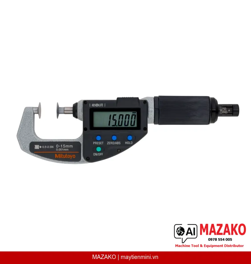 Panme đo đĩa kỹ thuật số ABSOLUTE Mitutoyo 227-221-20, lực đo điều chỉnh được, phạm vi 0–15 mm