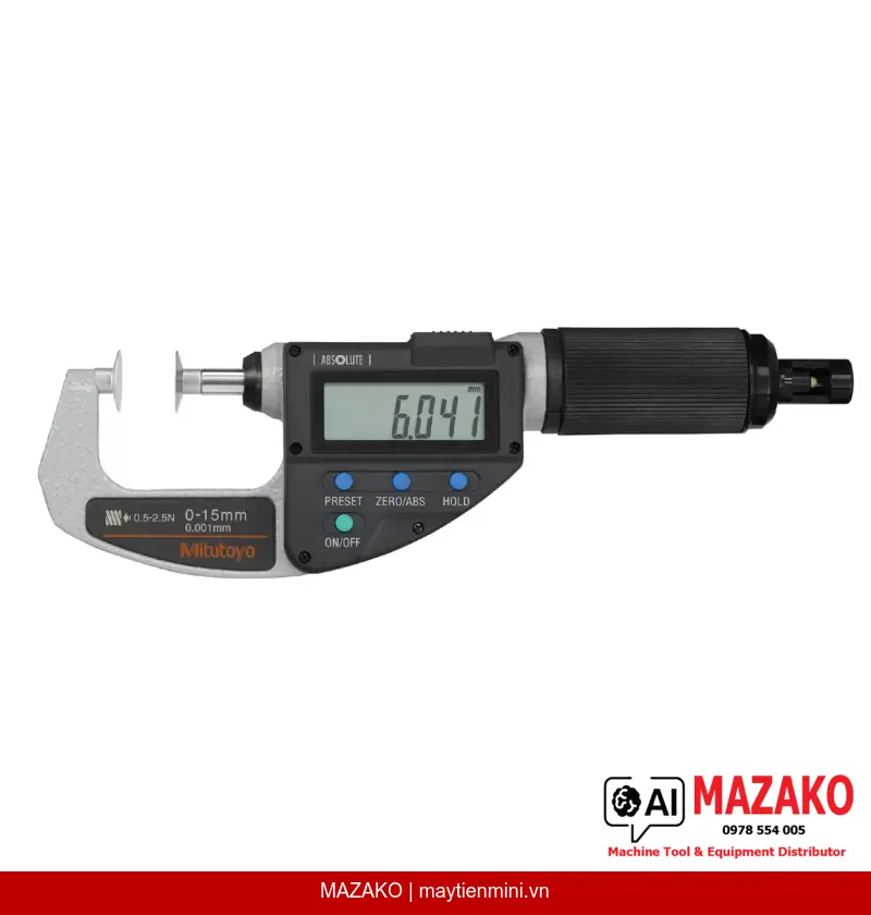 Panme đo đĩa kỹ thuật số ABSOLUTE Mitutoyo 227-221-20, lực đo điều chỉnh được, phạm vi 0–15 mm