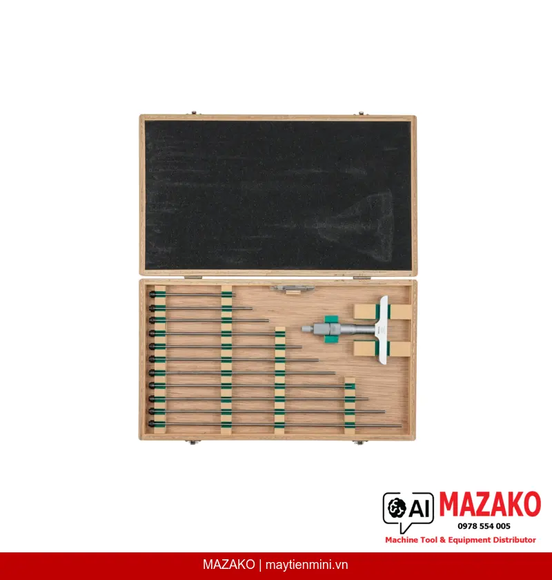 Panme Đo Sâu Cơ Khí Mitutoyo 129-153 – Bộ 12 Thanh Đo, Phạm Vi 0–300 mm