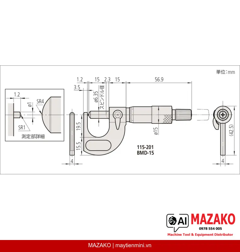 Panme Đo Ống Mitutoyo 115-253 – Đầu Đo Cầu, Thang Đo 0–1\